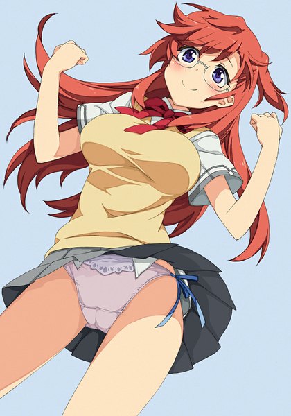 Anime picture 700x1000 with ano natsu de matteru j.c. staff takatsuki ichika saipaco single long hair tall image blush light erotic simple background smile purple eyes red hair wind from below pantyshot looking up blue background girl uniform