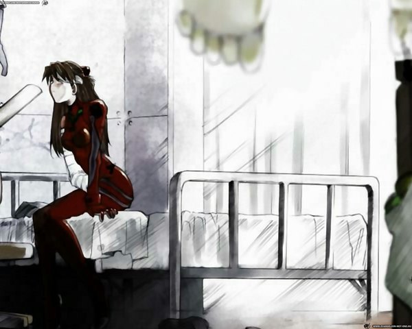 Anime picture 1280x1024 with neon genesis evangelion rebuild of evangelion evangelion: 2.0 you can (not) advance end of evangelion gainax soryu asuka langley shikinami asuka langley single long hair fringe breasts brown hair sitting looking away barefoot midriff light pale skin sad bandage over one eye