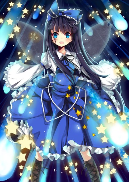 Anime picture 1000x1414 with touhou star sapphire kazucha single long hair tall image looking at viewer blush open mouth blue eyes black hair girl dress bow hair bow wings boots star (symbol)