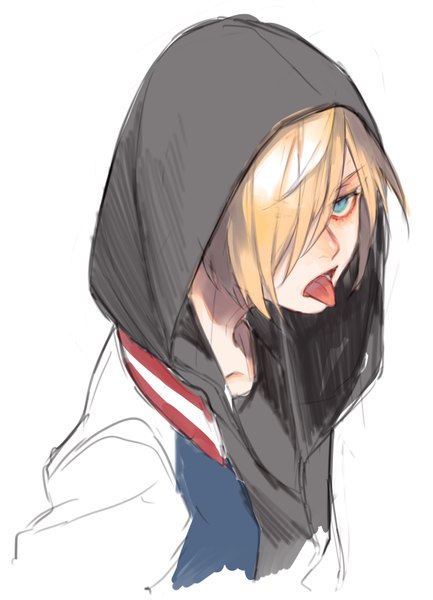 Anime picture 2663x3691 with yuri!!! on ice mappa yuri plisetsky yokuni (yokunill001121) single tall image looking at viewer fringe highres short hair blue eyes simple background blonde hair white background hair over one eye portrait sketch boy tongue hood