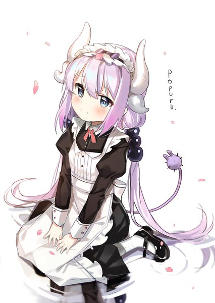 Anime picture 1000x1409 with kobayashi-san chi no maidragon kyoto animation kanna kamui dr poapo single long hair tall image blush fringe blue eyes simple background hair between eyes white background sitting twintails payot purple hair full body tail horn (horns)