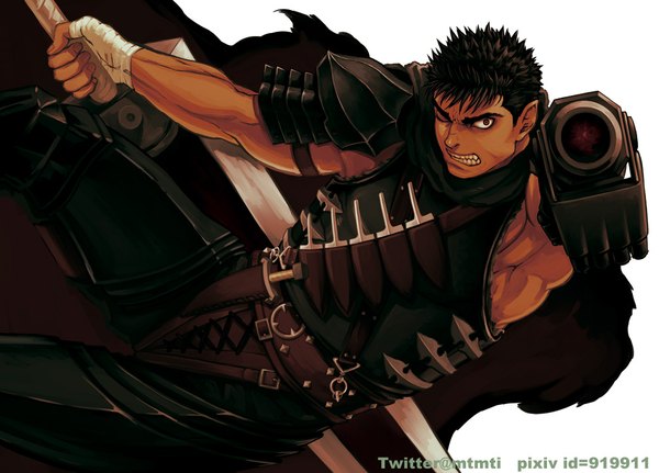 Anime-Bild 1000x719 mit berserk guts zonzgong single looking at viewer fringe short hair black hair simple background red eyes white background holding signed one eye closed teeth clenched teeth boy weapon sword belt