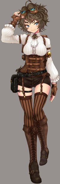 Anime picture 909x2799 with original haiiro gundan single tall image looking at viewer short hair breasts blue eyes simple background smile brown hair full body long sleeves head tilt grey background thigh gap lacing goggles on head messy hair steam punk