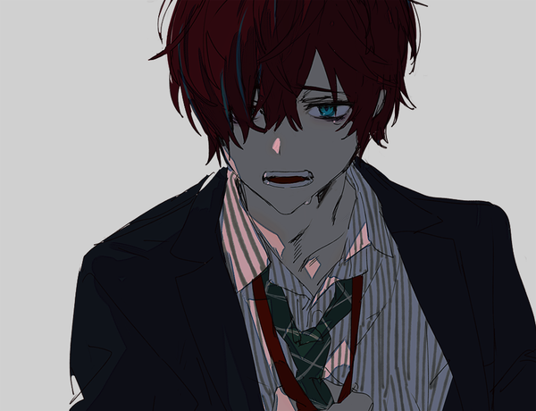 Anime picture 938x720 with hypnosis mic kannonzaka doppo hirota tsuu single fringe short hair blue eyes simple background looking away upper body red hair hair over one eye grey background tears open collar boy necktie