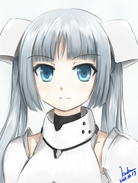 Anime picture 1080x1429 with miss monochrome miss monochrome (character) kem kem single long hair tall image looking at viewer blue eyes simple background white background twintails signed silver hair girl hair ornament