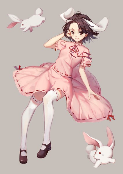 Anime picture 744x1052 with touhou inaba tewi inaba soulkiller (brz) single tall image short hair simple background smile brown hair brown eyes animal ears looking away full body wind grey background bunny ears adjusting hair girl thighhighs