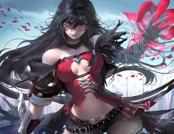 Anime picture 2000x1546 with tales of (series) tales of berseria velvet crowe sakimichan single long hair looking at viewer fringe highres breasts light erotic smile hair between eyes bare shoulders braid (braids) wind lips realistic torn clothes magic