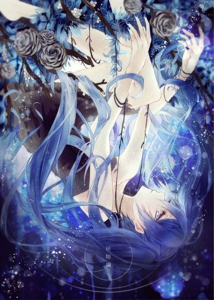 Anime picture 1000x1397 with vocaloid hatsune miku japu (pu san love) single long hair tall image blue eyes twintails blue hair profile upside down girl dress flower (flowers) black dress rose (roses) black rose