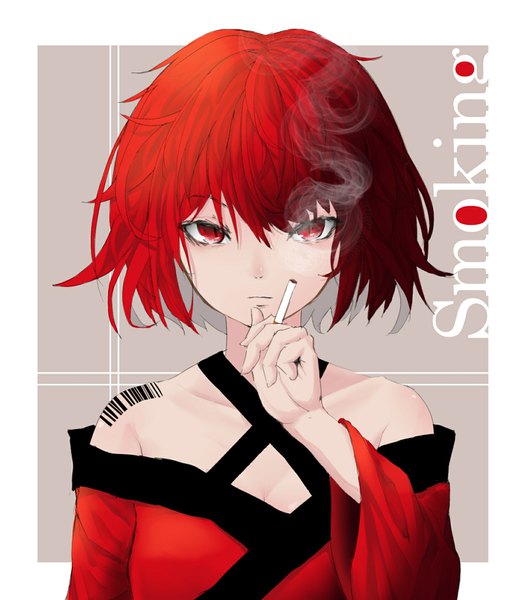 Anime picture 1414x1622 with original hisha (kan moko) single tall image looking at viewer fringe short hair simple background hair between eyes red eyes bare shoulders holding upper body red hair off shoulder inscription grey background wide sleeves border portrait