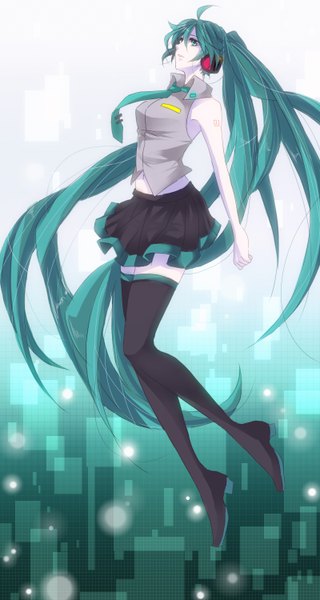 Anime picture 800x1500 with vocaloid hatsune miku enrai single tall image twintails very long hair aqua eyes aqua hair girl skirt necktie headphones vest