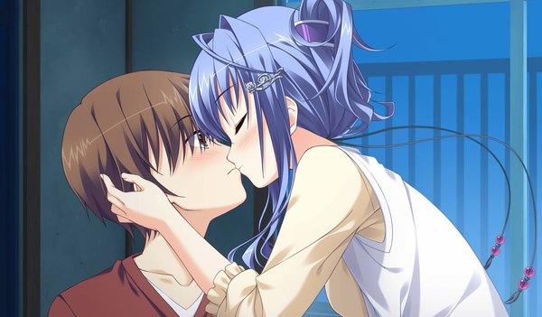 Anime picture 2048x1200 with princess evangile kitamikado ayaka highres short hair brown hair wide image blue hair game cg couple kiss girl boy