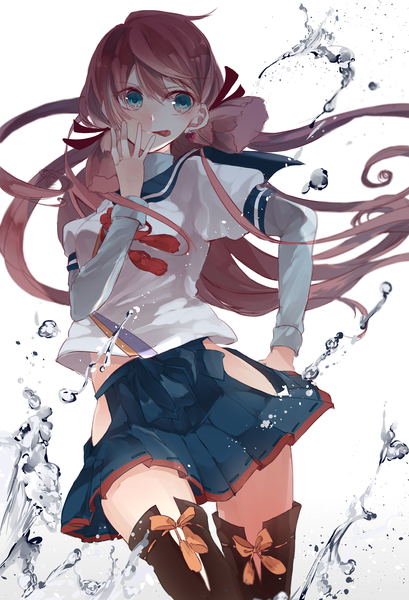 Anime picture 1419x2081 with kantai collection akashi repair ship miwano rag single long hair tall image open mouth blue eyes simple background brown hair white background looking away pink hair side slit :p girl thighhighs skirt uniform earrings
