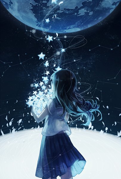 Anime picture 810x1195 with original domik single long hair tall image fringe standing holding pleated skirt from behind back constellation girl skirt star (symbol) star (stars) planet