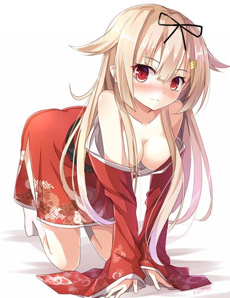 Anime picture 867x1121 with kantai collection yuudachi destroyer rin yuu single long hair tall image looking at viewer blush fringe breasts light erotic blonde hair simple background red eyes standing white background bare shoulders bent knee (knees) long sleeves traditional clothes
