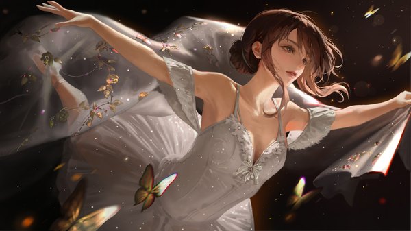 Anime picture 7679x4319 with original bangsom single fringe highres short hair breasts brown hair wide image bare shoulders brown eyes payot looking away absurdres parted lips mole hair bun (hair buns) mole under eye spread arms ballerina