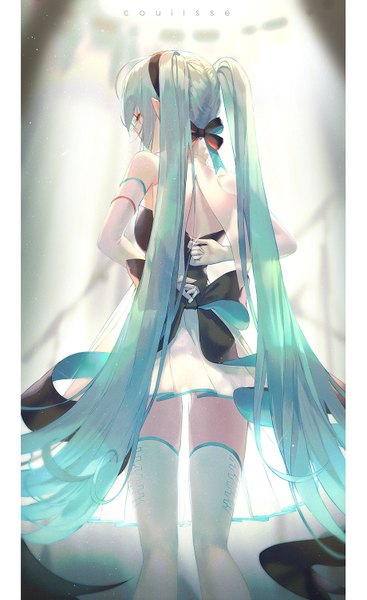 Anime picture 919x1500 with vocaloid miku symphony (vocaloid) hatsune miku seol single tall image fringe breasts hair between eyes standing twintails bare shoulders payot eyes closed very long hair pleated skirt from behind blurry aqua hair inscription
