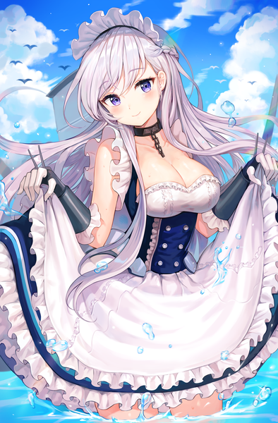 Anime picture 2500x3803 with azur lane belfast (azur lane) tokkyu single long hair tall image looking at viewer blush fringe highres breasts blue eyes light erotic smile hair between eyes large breasts standing sky cleavage silver hair