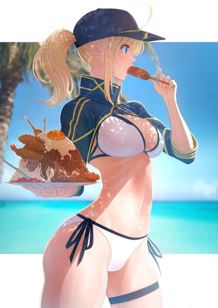Anime picture 1063x1500 with fate (series) fate/grand order artoria pendragon (all) mysterious heroine xx (foreigner) imizu (nitro unknown) single long hair tall image blush breasts blue eyes light erotic blonde hair large breasts standing holding payot looking away sky cleavage