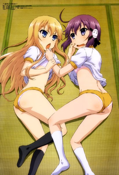 Anime picture 4070x5936 with rokujouma no shinryakusha!? megami magazine higashihongan sanae theiamillis gre fortorthe long hair tall image blush highres short hair open mouth blue eyes light erotic blonde hair multiple girls absurdres purple hair lying official art girl underwear