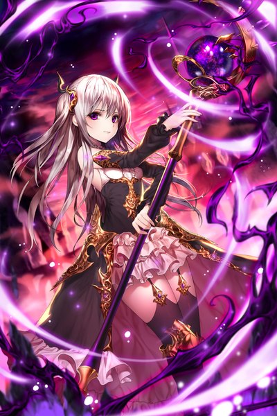 Anime picture 1200x1800 with original black joa single long hair tall image looking at viewer purple eyes white hair dark background girl thighhighs dress hair ornament black thighhighs staff