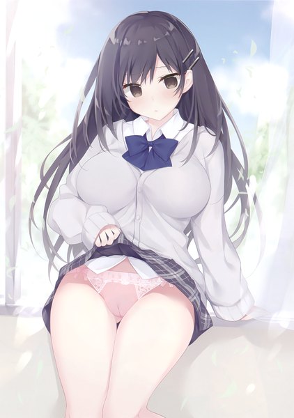 Anime picture 1827x2600 with comic toranoana miko (royal milk) single long hair tall image looking at viewer blush fringe highres breasts light erotic black hair large breasts standing holding brown eyes sky cloud (clouds) indoors long sleeves