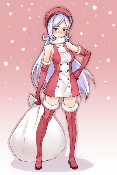 Anime picture 809x1200 with mobile suit gundam gundam build fighters sunrise (studio) aila jyrkiainen matsuryuu single long hair tall image looking at viewer blush simple background white hair shadow grey eyes zettai ryouiki hand on hip snowing christmas girl thighhighs