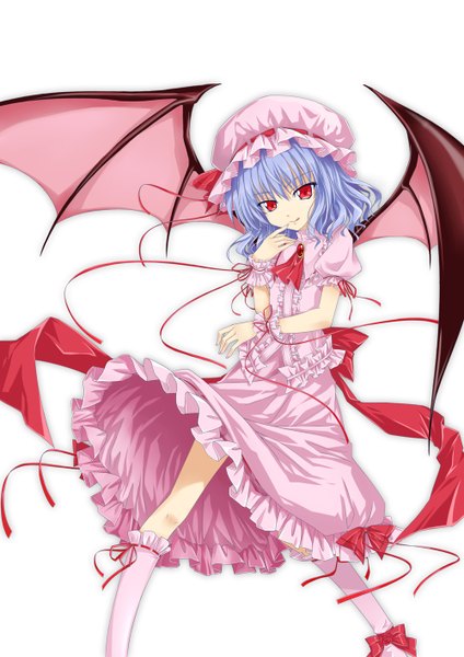 Anime picture 1000x1414 with touhou remilia scarlet hika (cross-angel) single tall image short hair simple background red eyes white background blue hair girl dress wings socks white socks bonnet