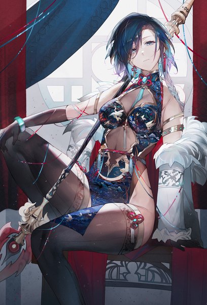 Anime picture 1497x2200 with genshin impact shenhe (genshin impact) yelan (genshin impact) qiandaiyiyu single tall image looking at viewer fringe breasts blue eyes light erotic sitting blue hair bent knee (knees) braid (braids) traditional clothes head tilt multicolored hair hair over one eye off shoulder