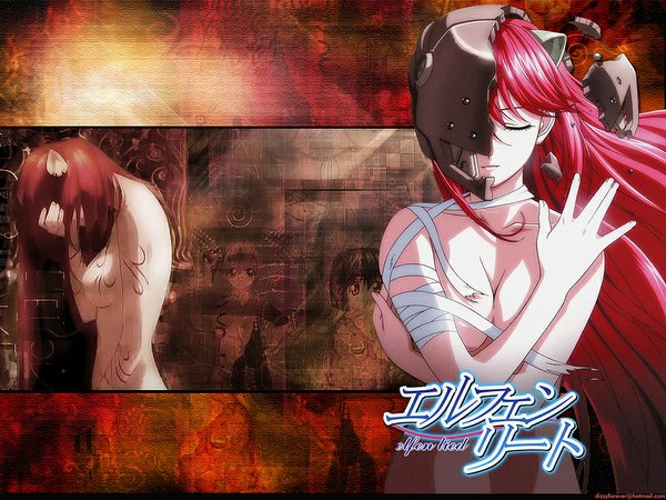 Anime picture 1024x768 with elfen lied arms corporation lucy nana (elfen lied) mayu long hair looking at viewer short hair breasts light erotic bare shoulders multiple girls pink hair eyes closed profile horn (horns) nude inscription hand on hip crossed arms