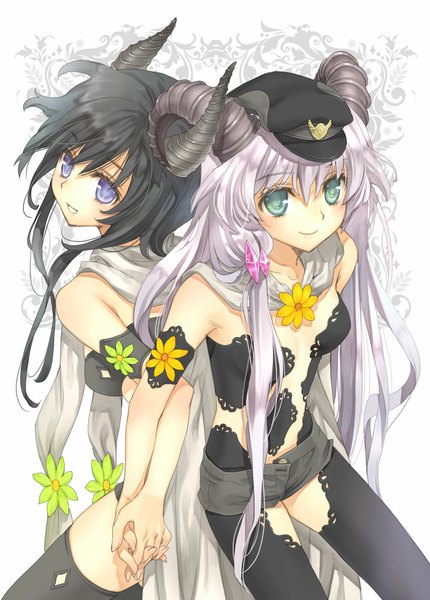 Anime picture 717x1000 with kawaku long hair tall image looking at viewer fringe breasts black hair smile purple eyes bare shoulders multiple girls holding green eyes purple hair horn (horns) from above holding hands looking up back to back girl