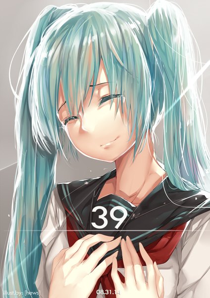 Anime picture 992x1403 with vocaloid hatsune miku hews single long hair tall image smile twintails signed eyes closed aqua hair dated 2014 39 girl uniform serafuku