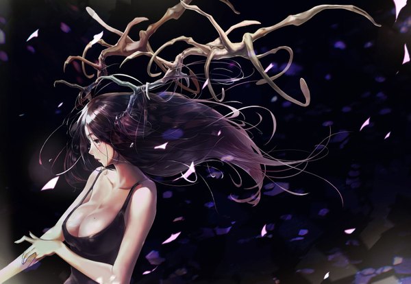 Anime picture 1600x1105 with original hxxg single long hair breasts blue eyes light erotic black hair large breasts looking away cleavage profile horn (horns) dark background girl