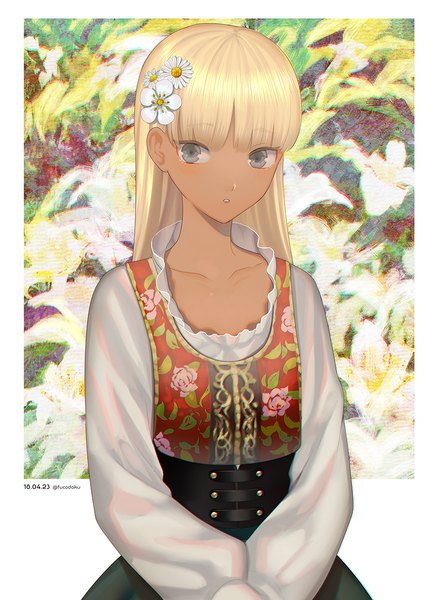 Anime picture 880x1200 with original fucodoku single long hair tall image looking at viewer fringe signed upper body blunt bangs traditional clothes hair flower grey eyes twitter username dark skin floral print dated girl flower (flowers)