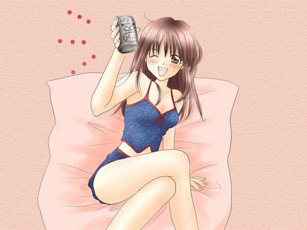 Anime picture 1024x768 with long hair blush brown hair alcohol beer