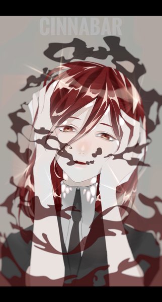 Anime picture 1100x2048 with houseki no kuni cinnabar (houseki no kuni) hana (kyonkyon999) single long hair tall image looking at viewer fringe hair between eyes red eyes upper body red hair head tilt character names letterboxed androgynous hands on face necktie