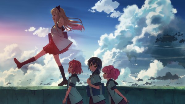 Anime picture 2560x1440 with yuru yuri doga kobo toshinou kyouko akaza akari yoshikawa chinatsu funami yui yuuki tatsuya long hair highres short hair black hair blonde hair wide image multiple girls brown eyes pink hair cloud (clouds) red hair group girl