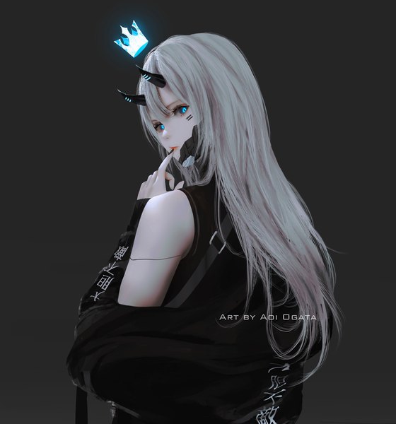 Anime-Bild 1680x1800 mit original aoi ogata single long hair tall image looking at viewer fringe blue eyes simple background hair between eyes signed upper body long sleeves nail polish looking back arm up horn (horns) grey hair from behind open jacket