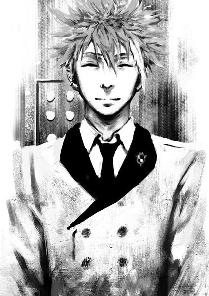 Anime picture 600x849 with death parade madhouse clavis (death parade) penguin frontier single tall image eyes closed light smile monochrome ^ ^ messy hair boy necktie