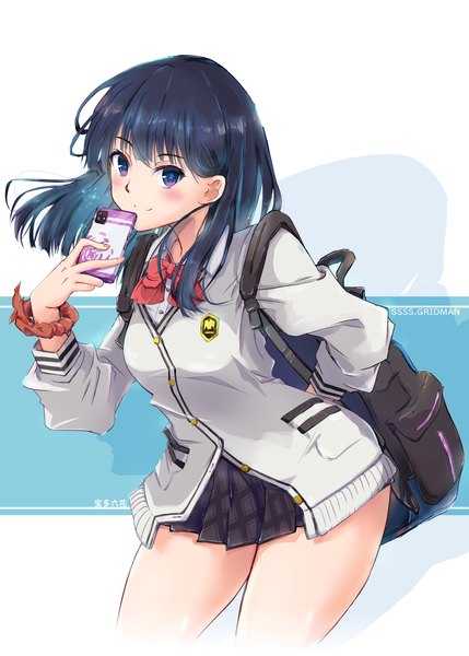 Anime picture 1717x2400 with gridman universe ssss.gridman studio trigger takarada rikka nt50 single long hair tall image looking at viewer blush fringe highres blue eyes black hair simple background smile standing holding pleated skirt wrist scrunchie