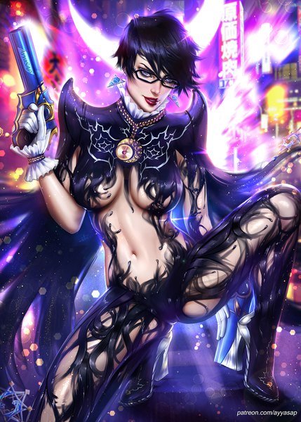 Anime picture 3000x4199 with bayonetta bayonetta (character) ayyasap single tall image looking at viewer fringe highres short hair breasts blue eyes light erotic black hair hair between eyes large breasts holding signed bent knee (knees) outdoors realistic