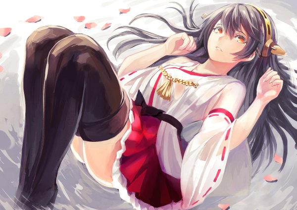 Anime picture 1333x942 with kantai collection haruna battleship nr noir devildogs single long hair looking at viewer black hair bare shoulders lying orange eyes nontraditional miko girl thighhighs hair ornament black thighhighs detached sleeves petals water