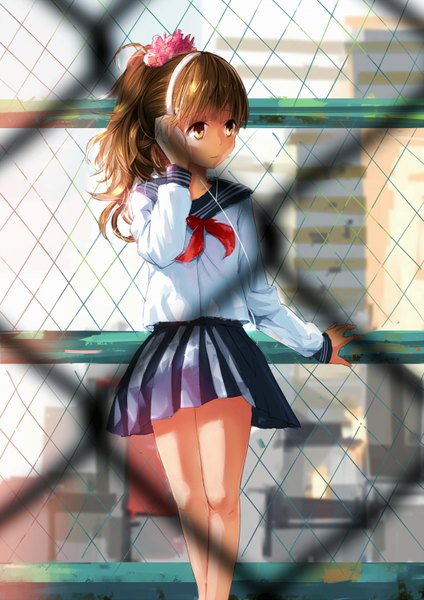Anime picture 1200x1696 with original clare (543) single long hair tall image brown hair brown eyes ponytail light smile girl skirt uniform school uniform headphones