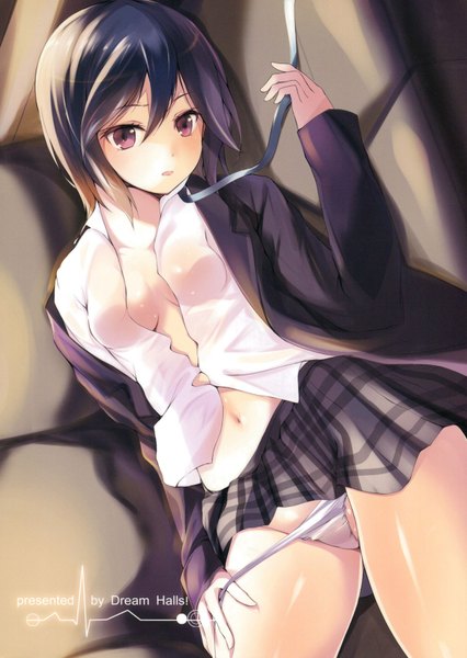 Anime picture 1200x1689 with kokoro connect silver link inaba himeko single tall image fringe short hair breasts light erotic purple eyes looking away purple hair open clothes open shirt shiny skin girl skirt navel uniform underwear