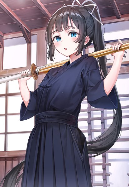 Anime picture 621x900 with original kendo club president (rangu) rangu single tall image looking at viewer blush fringe open mouth blue eyes black hair standing holding payot ponytail indoors very long hair traditional clothes japanese clothes :o