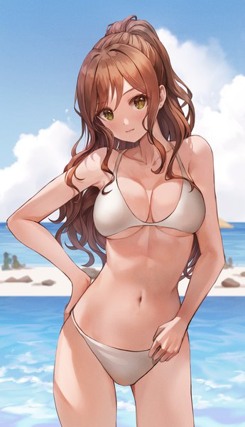 Anime picture 1124x1956 with bang dream! imai lisa lunacle single long hair tall image looking at viewer blush fringe breasts light erotic hair between eyes brown hair large breasts green eyes sky cloud (clouds) outdoors ponytail head tilt