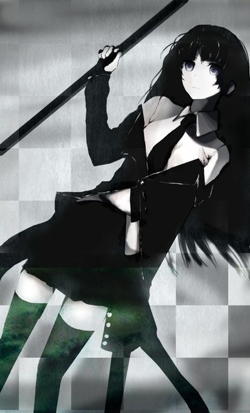Anime picture 1194x1972 with black rock shooter single long hair tall image black hair looking away grey eyes checkered checkered background girl thighhighs black thighhighs necktie jacket scythe