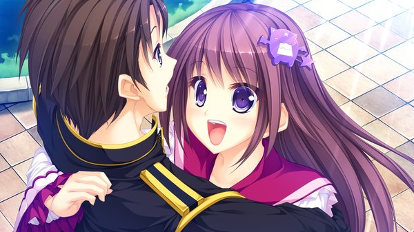 Anime picture 1920x1080 with usotsuki ouji to nayameru ohime-sama seiko arisu tenmaso long hair blush highres short hair open mouth blue eyes black hair wide image game cg purple hair girl boy uniform school uniform