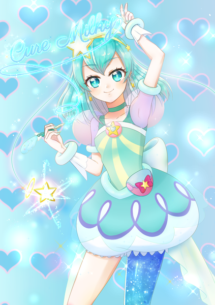 Anime picture 1372x1946 with precure star twinkle precure toei animation hagoromo lala cure milky nyaruo single long hair tall image looking at viewer smile nail polish arm up aqua eyes aqua hair sparkle character names magical girl girl dress