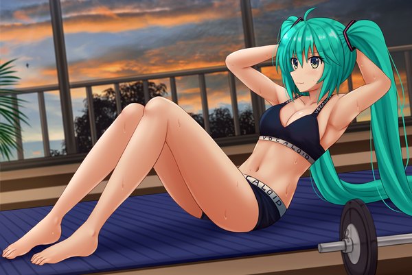 Anime picture 1920x1286 with vocaloid hatsune miku kazenokaze single long hair blush fringe highres blue eyes light erotic hair between eyes twintails bare shoulders payot looking away sky cloud (clouds) full body ahoge bent knee (knees)