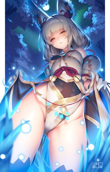 Anime picture 700x1094 with xenoblade xenoblade 2 nia (xenoblade) nia (blade) (xenoblade) ryuji (ikeriu) single long hair tall image looking at viewer blush fringe breasts light erotic standing twintails signed animal ears yellow eyes outdoors blunt bangs